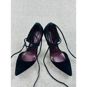 Coach Pumps Women 7.5 Black Shae Lux Suede Lace Up Tassel Luxury Academia Goth